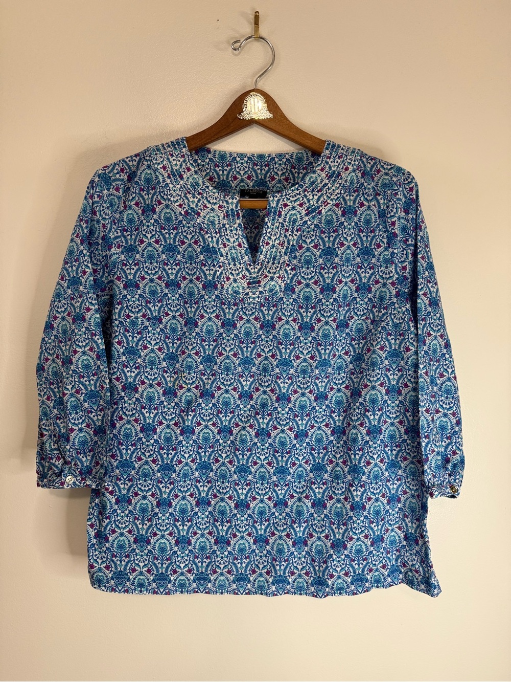 Talbots Blue multicolor Printed cotton Split-Neck Women's tunic Top size Lp